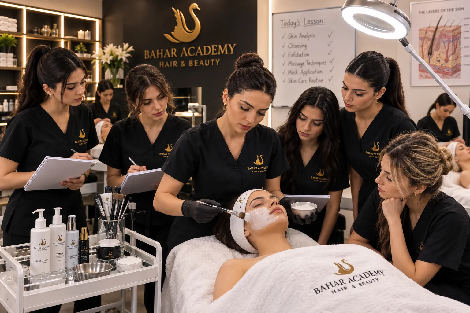 Bahar Academy öğrencilerinin eğitim salonunda bir yüz bakım uygulamasını izlerken çekilen fotoğrafı