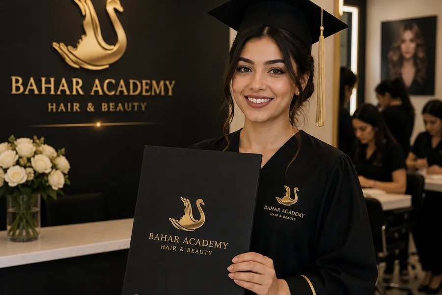 Bahar Academy mezunu, diploma dosyasıyla resepsiyon alanında
