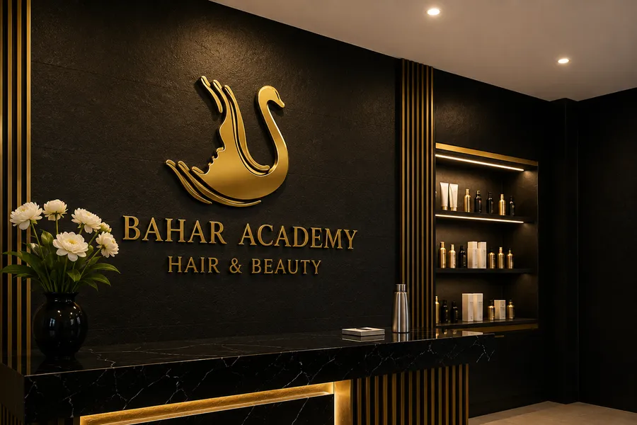 Bahar Academy resepsiyon alanı, altın renkli logo tabelası