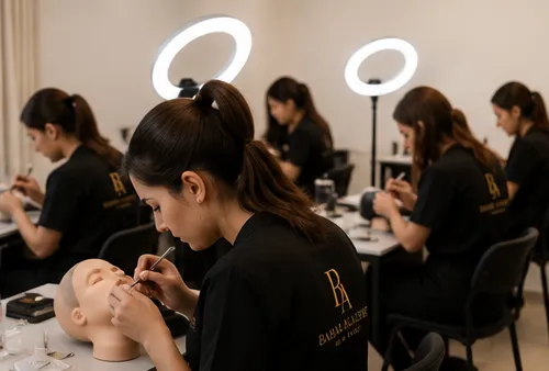 Öğrencilerin uygulama masalarında çalıştığı eğitim salonu